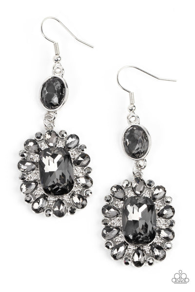 CAPRICIOUSLY COSMOPOLITAN - SILVER SMOKY GEM HEMATITE RHINESTONE EARRINGS - PAPARAZZI
