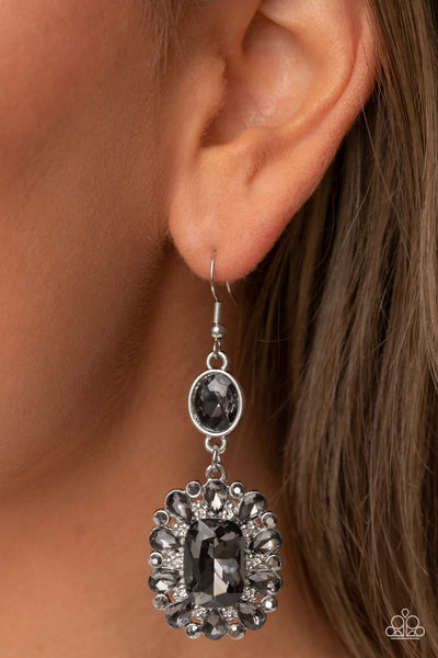 CAPRICIOUSLY COSMOPOLITAN - SILVER SMOKY GEM HEMATITE RHINESTONE EARRINGS - PAPARAZZI