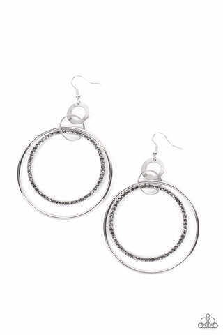 HAUTE HYSTERIA - SILVER HEMATITE RHINESTONE CIRCLE EARRINGS - PAPARAZZI SUMMER PARTY PACK 2022 EXCLUSIVE
