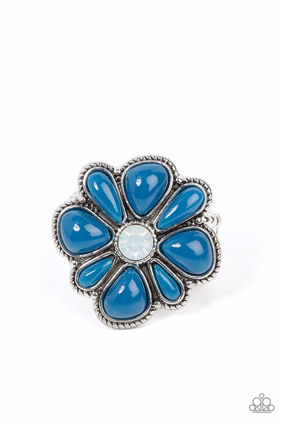 MEADOW MYSTIQUE - BLUE BEAD WHITE OPAL RHINESTONE SILVER FLORAL RING  February 2023 Fashion Fix Exclusive - PAPARAZZI