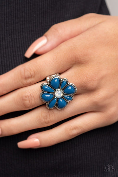 MEADOW MYSTIQUE - BLUE BEAD WHITE OPAL RHINESTONE SILVER FLORAL RING  February 2023 Fashion Fix Exclusive - PAPARAZZI