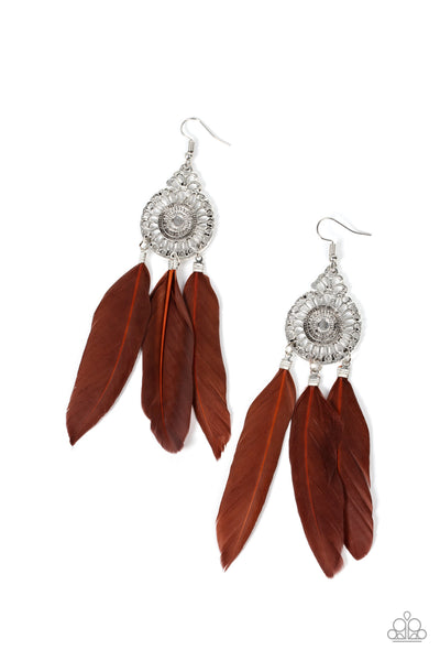 PRETTY IN PLUMES - BROWN FEATHER SILVER EARRINGS - PAPARAZZI