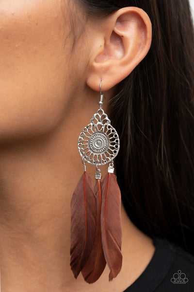 PRETTY IN PLUMES - BROWN FEATHER SILVER EARRINGS - PAPARAZZI