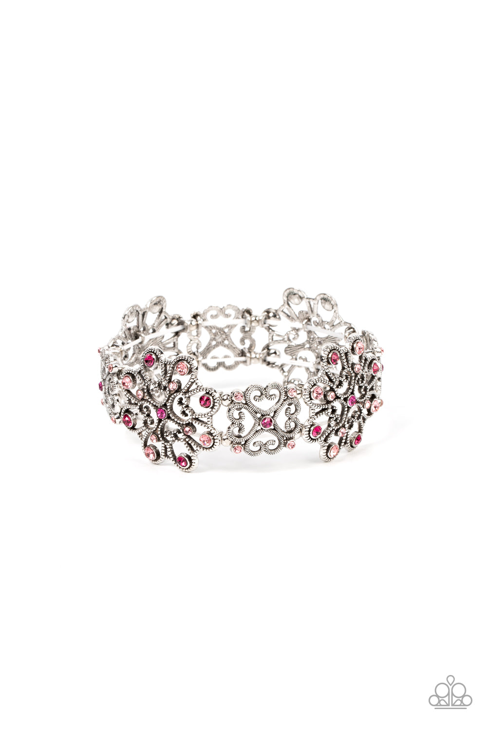 REGAL RECOGNITION - PINK RHINESTONE SILVER FILIGREE STRETCHY BRACELET - PAPARAZZI