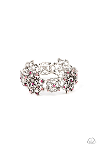 REGAL RECOGNITION - PINK RHINESTONE SILVER FILIGREE STRETCHY BRACELET - PAPARAZZI