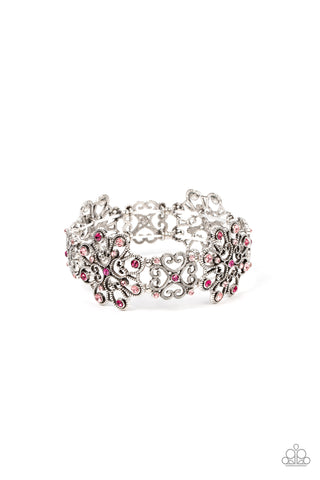REGAL RECOGNITION - PINK RHINESTONE SILVER FILIGREE STRETCHY BRACELET - PAPARAZZI