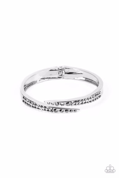 SIDESWIPING SHIMMER - SILVER HEMATITE RHINESTONE HINGED BRACELET - PAPARAZZI
