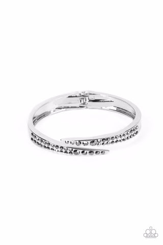 SIDESWIPING SHIMMER - SILVER HEMATITE RHINESTONE HINGED BRACELET - PAPARAZZI