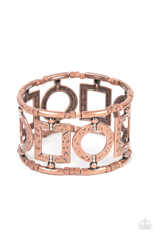 FRAMED AND FABULOUS - COPPER SQUARE AND CIRCLE STRETCHY BRACELET - PAPARAZZI