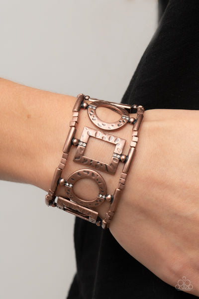 FRAMED AND FABULOUS - COPPER SQUARE AND CIRCLE STRETCHY BRACELET - PAPARAZZI