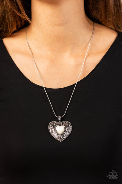 WHOLEHEARTEDLY WHIMSICAL - WHITE STONE SILVER HEART NECKLACE - PAPARAZZI