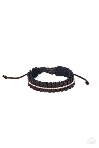 PRETTY, PRETTY PLEATS - BROWN LEATHER WHITE RHINESTONE SLIDE BRACELET - PAPARAZZI