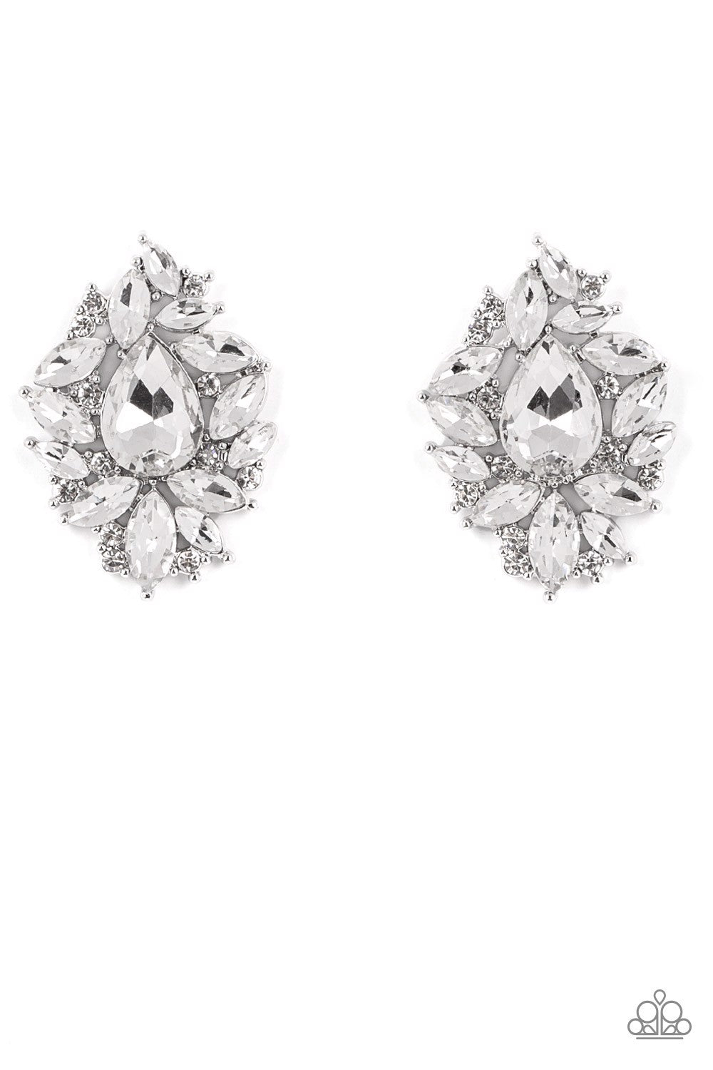 WE ALL SCREAM FOR ICE QUEEN - WHITE RHINESTONE SILVER POST EARRINGS - PAPARAZZI