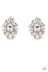WE ALL SCREAM FOR ICE QUEEN - WHITE RHINESTONE SILVER POST EARRINGS - PAPARAZZI