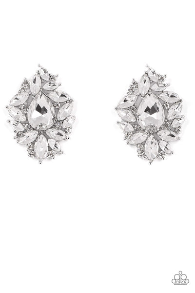 WE ALL SCREAM FOR ICE QUEEN - WHITE RHINESTONE SILVER POST EARRINGS - PAPARAZZI