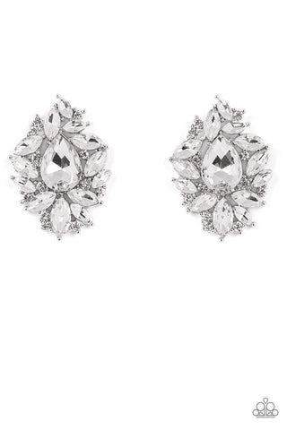 WE ALL SCREAM FOR ICE QUEEN - WHITE RHINESTONE SILVER POST EARRINGS - PAPARAZZI