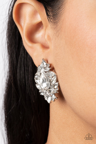 WE ALL SCREAM FOR ICE QUEEN - WHITE RHINESTONE SILVER POST EARRINGS - PAPARAZZI