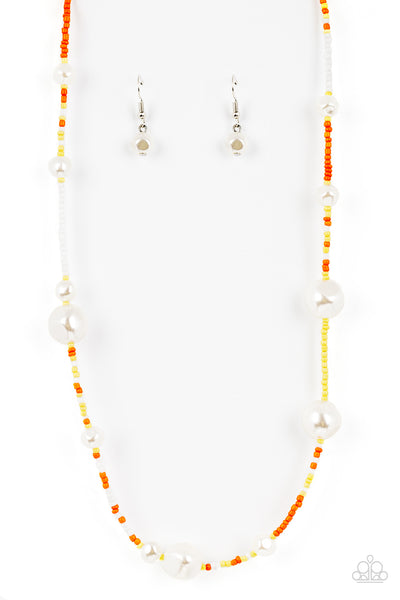 MODERN MARINA - ORANGE AND YELLOW SEED BEAD WHITE PEARL NECKLACE - PAPARAZZI