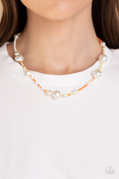 MODERN MARINA - ORANGE AND YELLOW SEED BEAD WHITE PEARL NECKLACE - PAPARAZZI