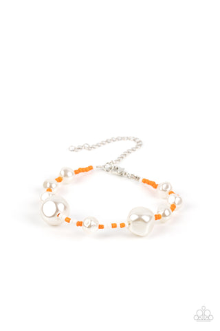 CONTEMPORARY COASTLINE - ORANGE AND YELLOW SEED BEAD WHITE PEARL BRACELET - PAPARAZZI