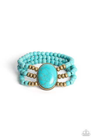 STONE POOLS - BRASS AND TURQUOISE STONE BEAD STRETCHY BRACELET - PAPARAZZI