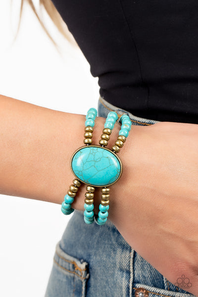 STONE POOLS - BRASS AND TURQUOISE STONE BEAD STRETCHY BRACELET - PAPARAZZI