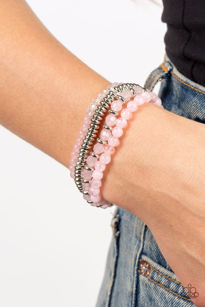DESTINATION DREAMSCAPE - PINK AND SILVER BEAD STRETCHY BRACELET SET - PAPARAZZI