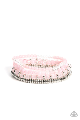 DESTINATION DREAMSCAPE - PINK AND SILVER BEAD STRETCHY BRACELET SET - PAPARAZZI