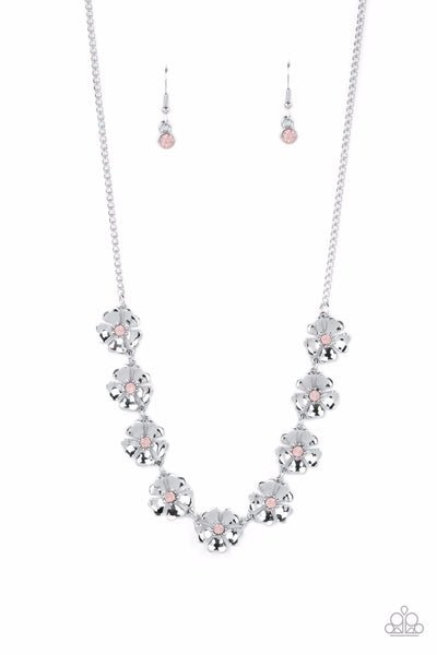 PETUNIA PALACE - PINK RHINESTONE SILVER FLOWER NECKLACE - PAPARAZZI