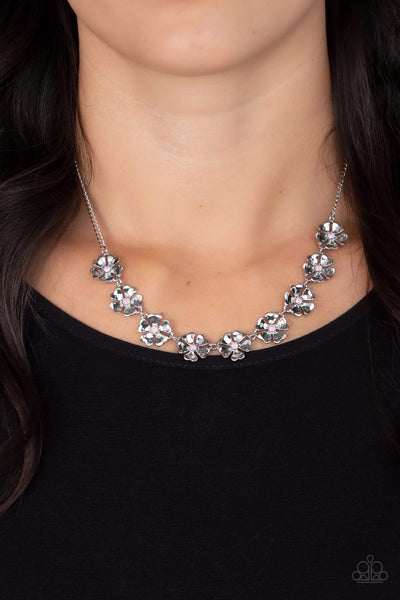 PETUNIA PALACE - PINK RHINESTONE SILVER FLOWER NECKLACE - PAPARAZZI