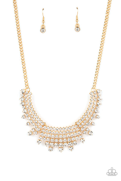 SHIMMERING SONG - GOLD WHITE RHINESTONE NECKLACE - PAPARAZZI LIFE OF THE PARTY JANUARY 2023
