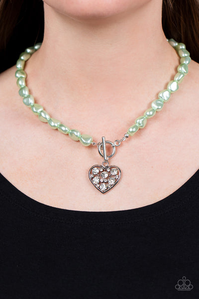 COLOR ME SMITTEN - GREEN PEARL SILVER HEART TOGGLE NECKLACE - PAPARAZZI