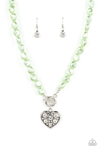 COLOR ME SMITTEN - GREEN PEARL SILVER HEART TOGGLE NECKLACE - PAPARAZZI