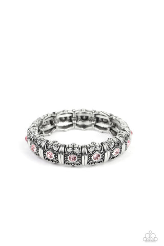 AGELESS GLOW - PINK RHINESTONE SILVER STRETCHY BRACELET - PAPARAZZI