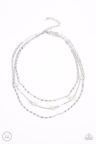OFFSHORE OASIS - WHITE PEARL SILVER CHAIN LAYERED CHOKER NECKLACE - PAPARAZZI