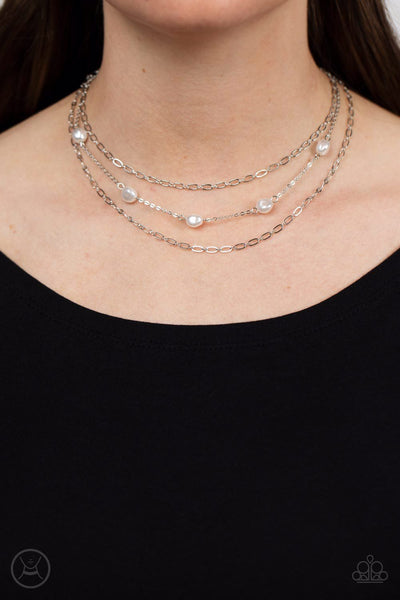OFFSHORE OASIS - WHITE PEARL SILVER CHAIN LAYERED CHOKER NECKLACE - PAPARAZZI