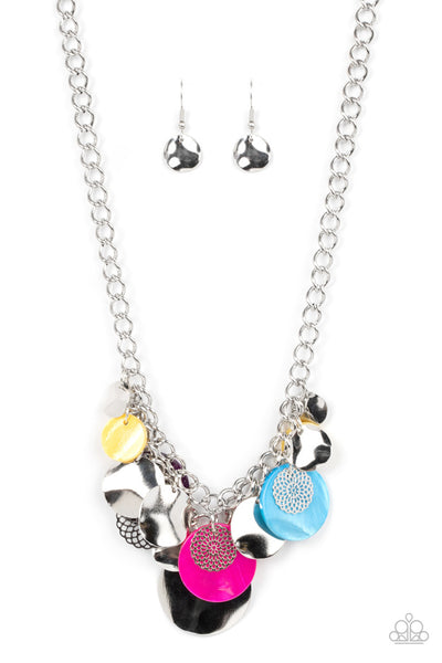 OCEANIC OPERA - MULTI PINK BLUE YELLOW SILVER DISC NECKLACE - PAPARAZZI