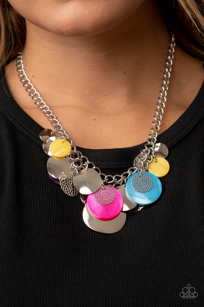 OCEANIC OPERA - MULTI PINK BLUE YELLOW SILVER DISC NECKLACE - PAPARAZZI