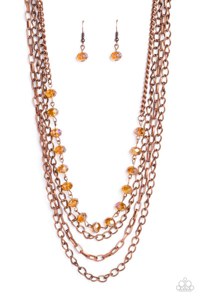 EXTRAVAGANT ELEGANCE - COPPER CHAIN IRIDESCENT CRYSTAL BEAD LAYERED NECKLACE - PAPARAZZI
