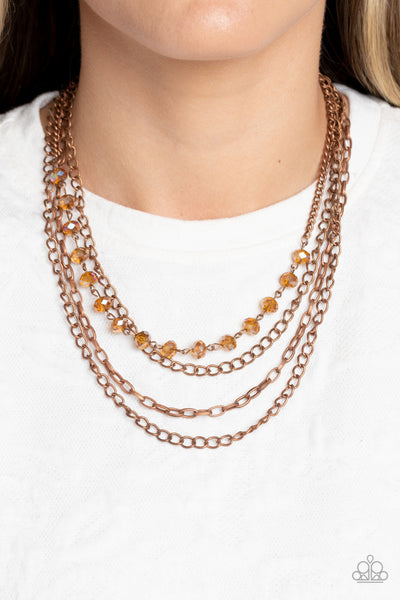 EXTRAVAGANT ELEGANCE - COPPER CHAIN IRIDESCENT CRYSTAL BEAD LAYERED NECKLACE - PAPARAZZI