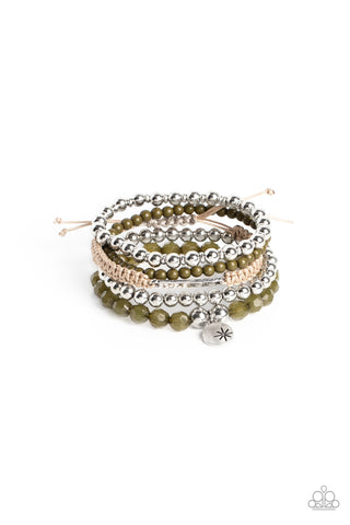 OFFSHORE OUTING - GREEN OLIVE AND SILVER BEAD BROWN CORD SLIDE AND STRETCHY BRACELET STACK - PAPARAZZI