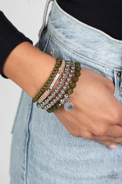OFFSHORE OUTING - GREEN OLIVE AND SILVER BEAD BROWN CORD SLIDE AND STRETCHY BRACELET STACK - PAPARAZZI