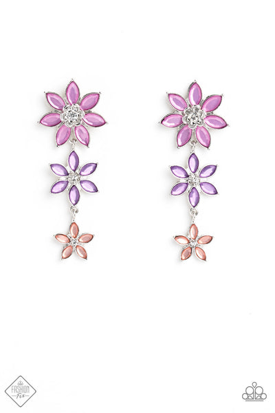 LETS GET IT GARLAND - MULTI PINK AND PURPLE GEM SILVER FLOWER POST EARRINGS - PAPARAZZI - FASHION FIX MARCH 2023