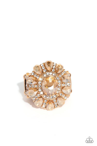 GLIMMER AND SPICE - GOLD RHINESTONE RING - PAPARAZZI LIFE OF THE PARTY MARCH 2023
