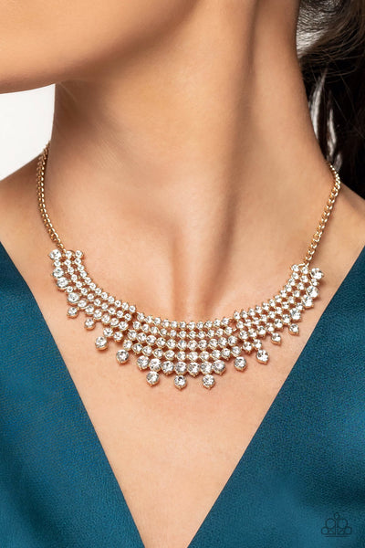 SHIMMERING SONG - GOLD WHITE RHINESTONE NECKLACE - PAPARAZZI LIFE OF THE PARTY JANUARY 2023