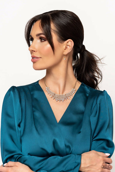 SHIMMERING SONG - GOLD WHITE RHINESTONE NECKLACE - PAPARAZZI LIFE OF THE PARTY JANUARY 2023