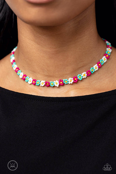SEED Limit - PINK AND MULTI COLORED SEED BEAD FLOWER NECKLACE - PAPARAZZI