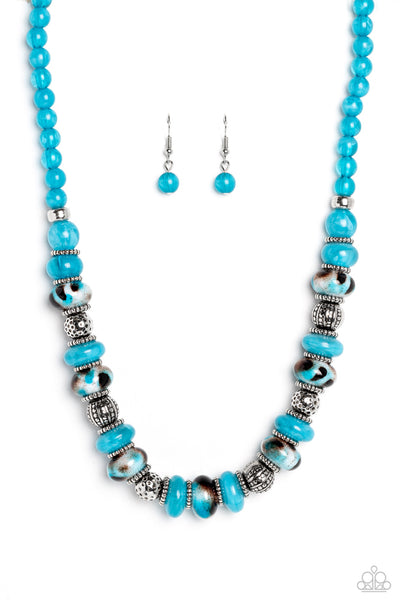 WARPED WHIMSICALITY - BLUE TURQUOISE SPOTTED BEADS STUDDED SILVER NECKLACE - PAPARAZZI