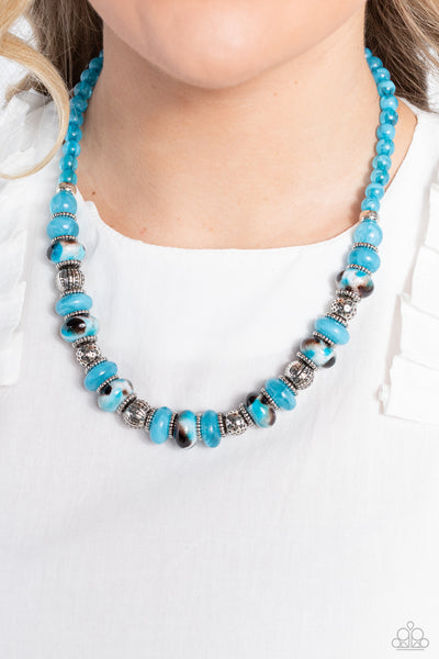 WARPED WHIMSICALITY - BLUE TURQUOISE SPOTTED BEADS STUDDED SILVER NECKLACE - PAPARAZZI