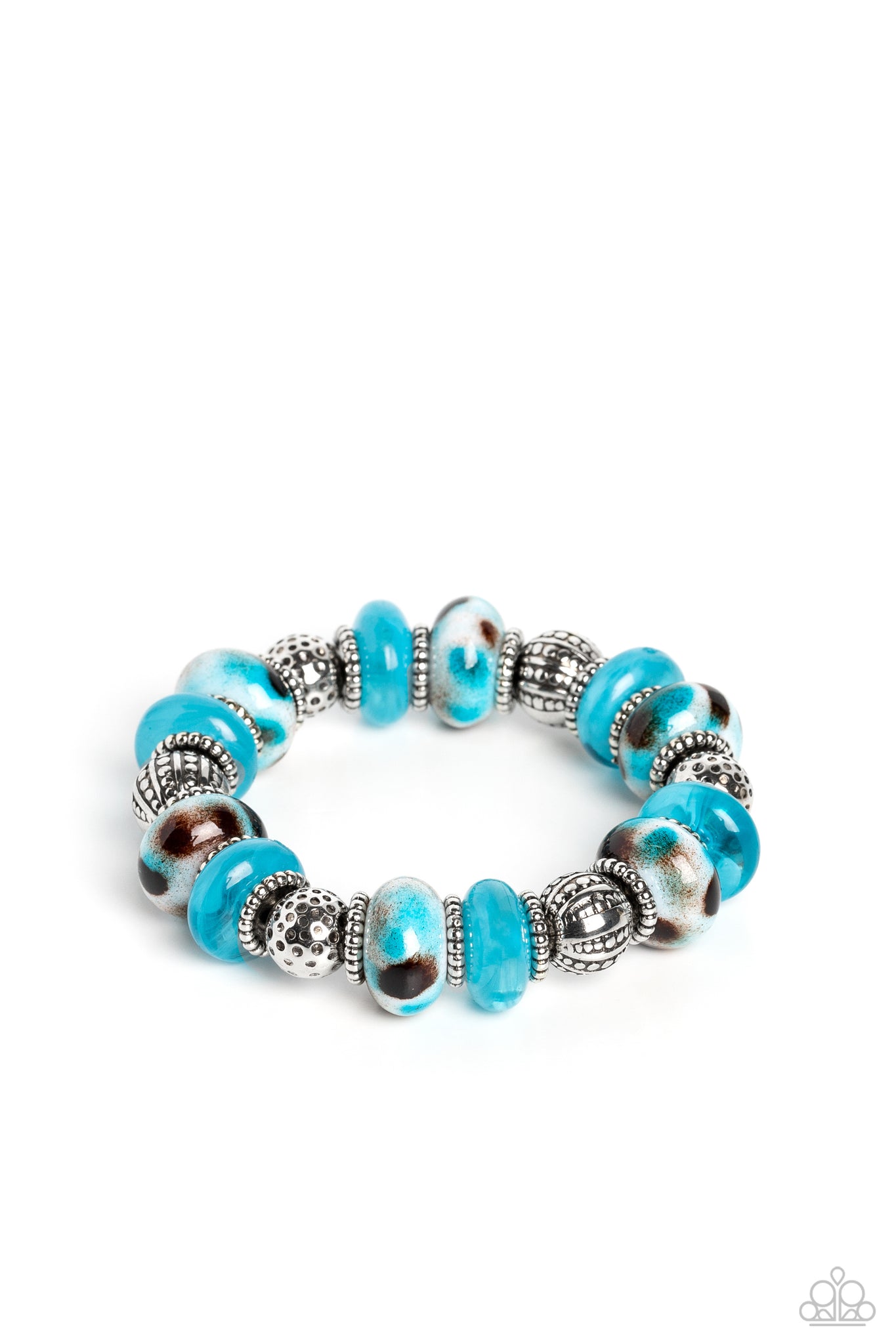 WARPED WHIMSICALITY - BLUE TURQUOISE SPOTTED BEADS STUDDED SILVER NECKLACE - PAPARAZZI